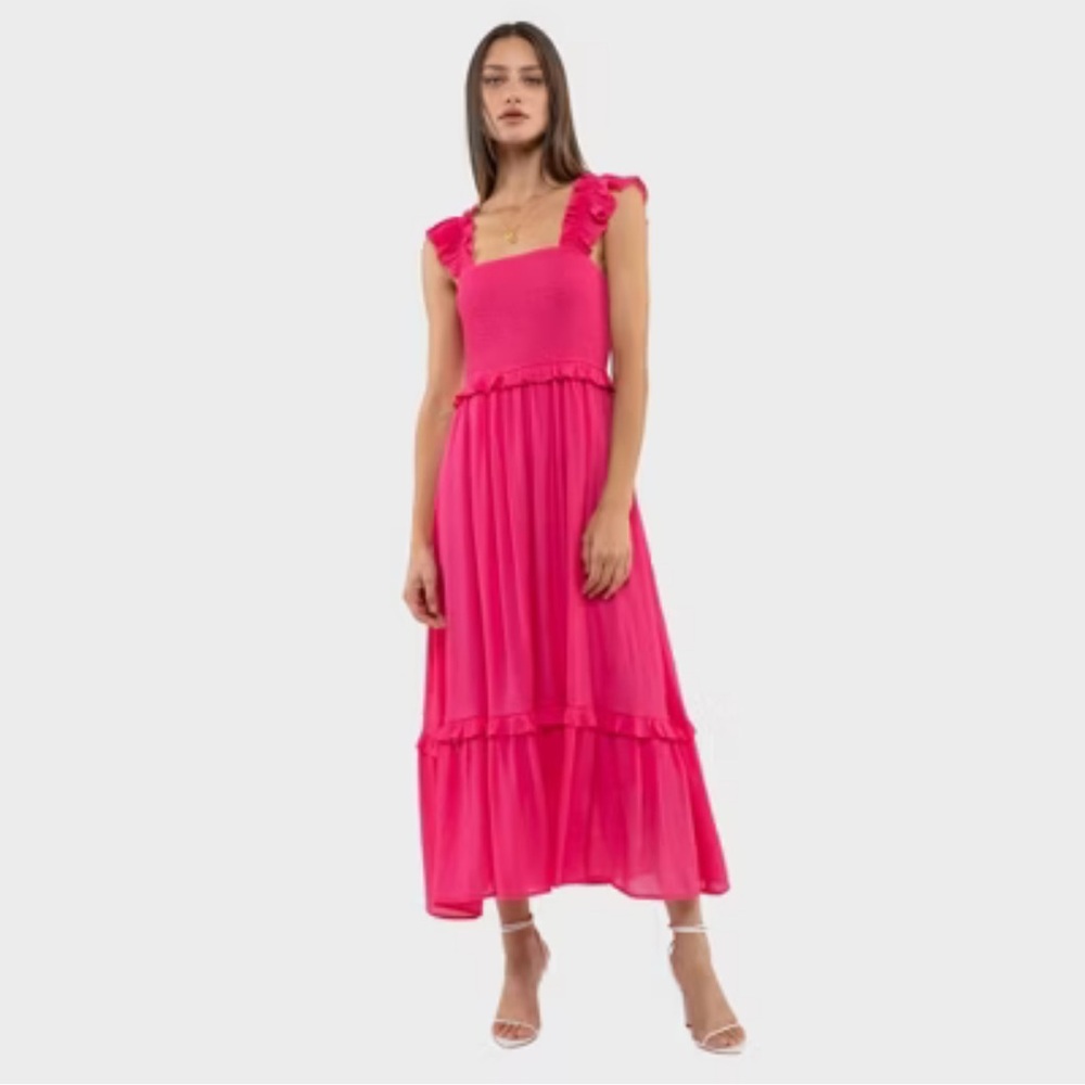 Chic Fuchsia Maxi Dress with Ruffle Accents